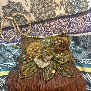 Vintage Mary Frances Floral Embellished Brown and Gold Women's Bag